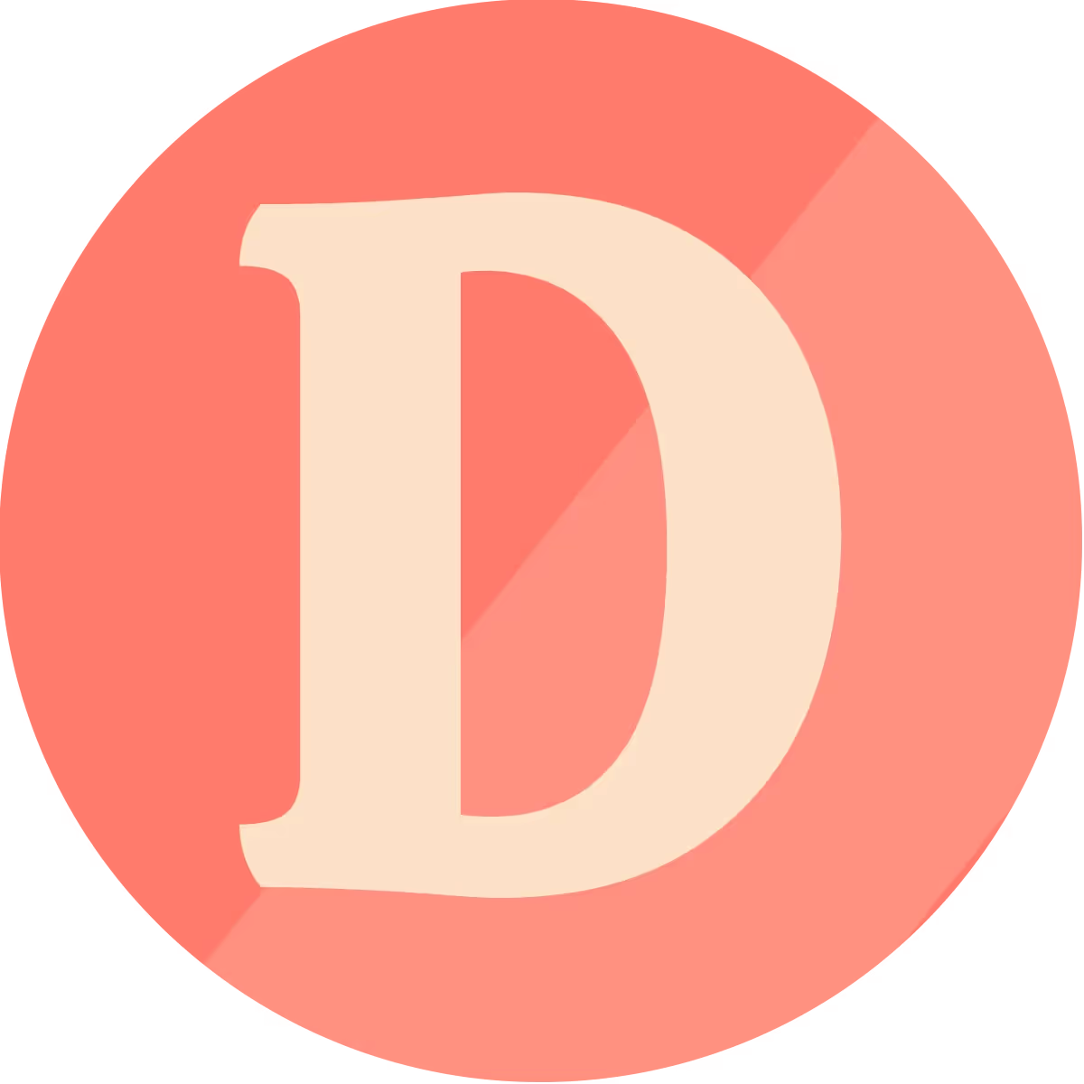 Large beige letter D on a coral background with a subtle shadow.